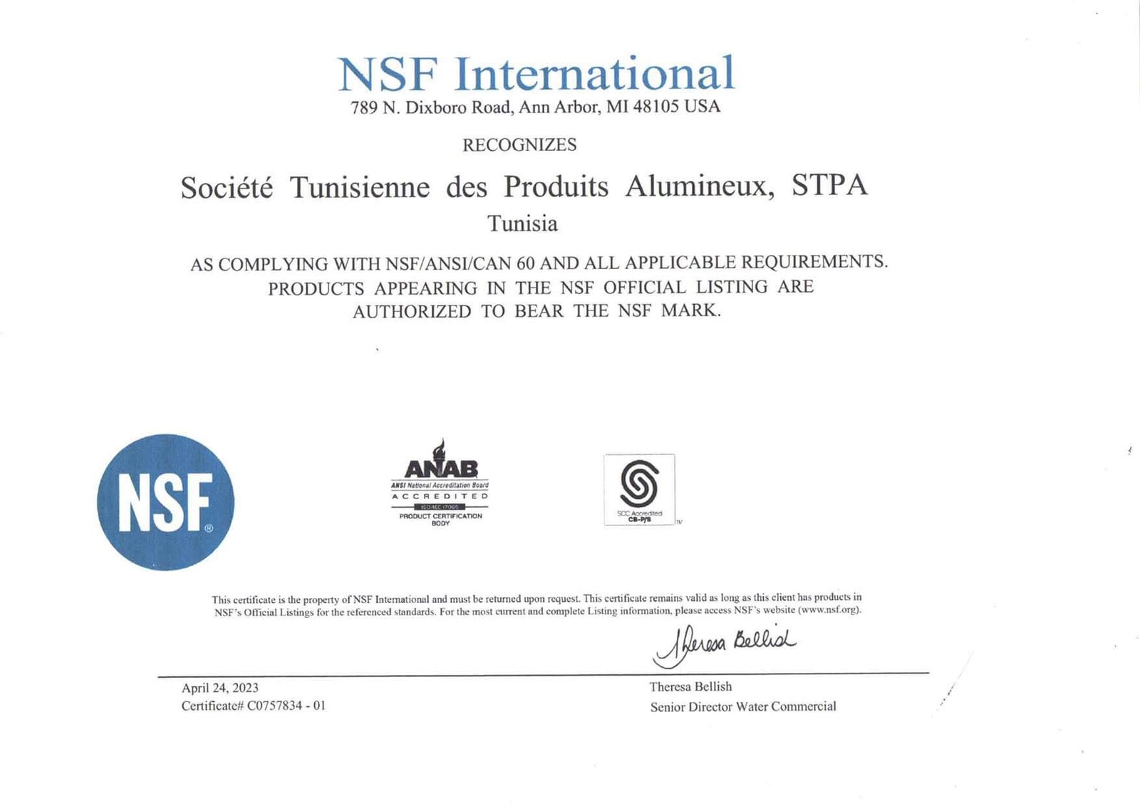 CERTIFICAT NSF STPA