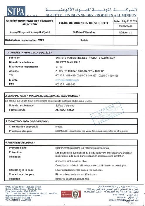 FDS Sulfate d'alumine Solide STPA