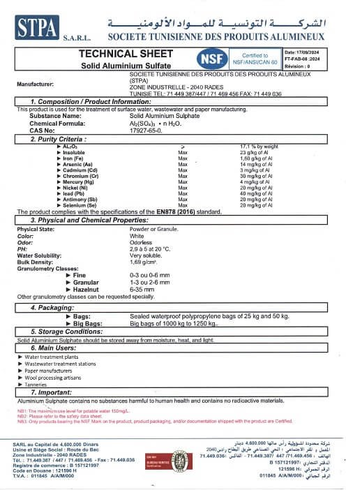 Fiche Technique Sulfate Solide NSF