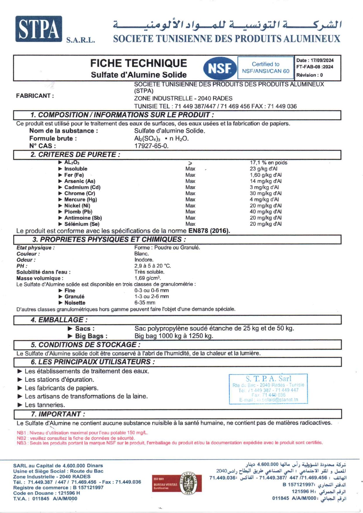 Fiche Technique Sulfate Solide NSF